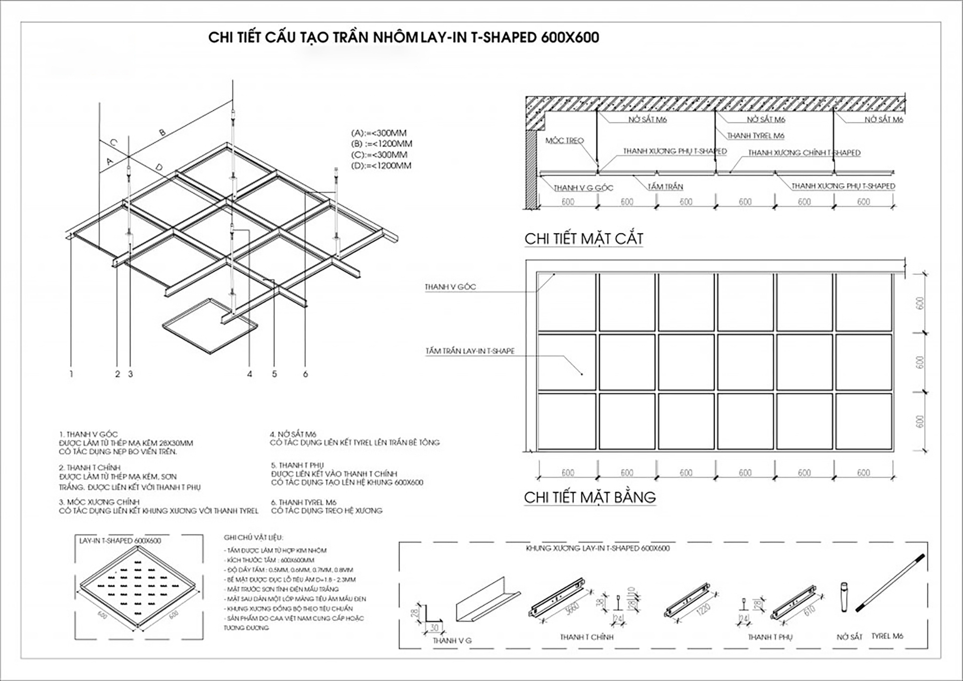 Bản vẽ chi tiết cấu tạo trần nhôm Layin 600×600 xương T-Black